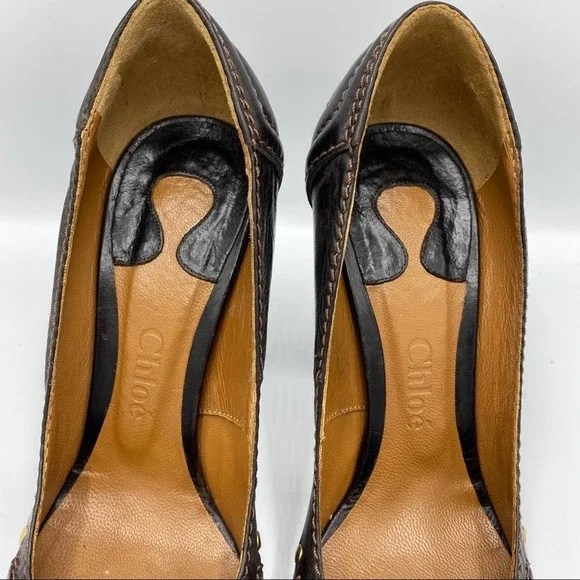 Chloe Brown Leather Round Toe Pumps Heels - Picture 7 of 14